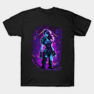 Cyberpunk Girl On Purple Neon Background T-Shirt